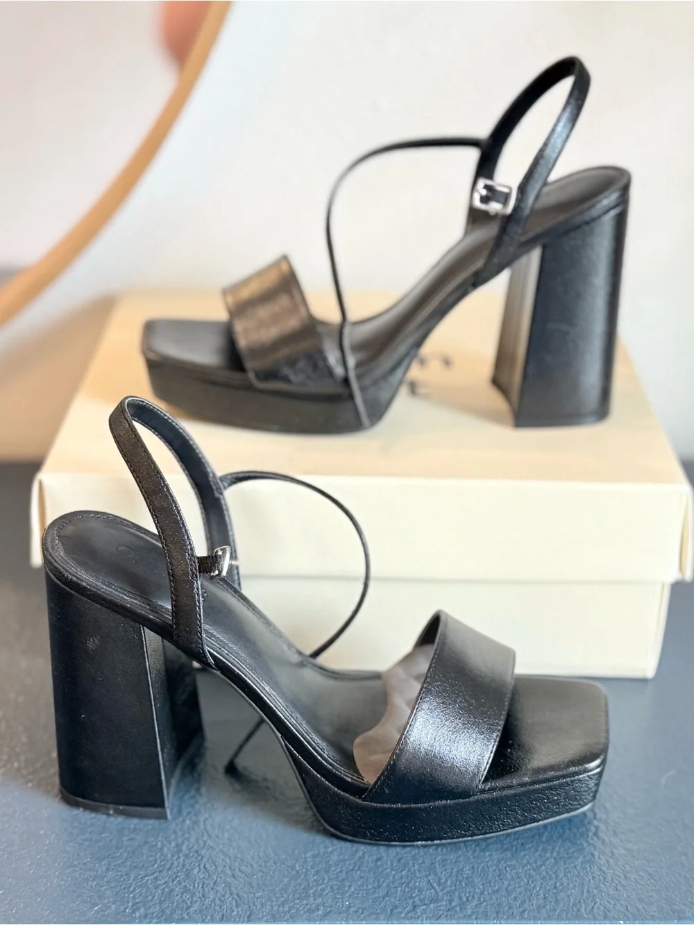 Women's Black Platform Slingback Heels with Block Heel